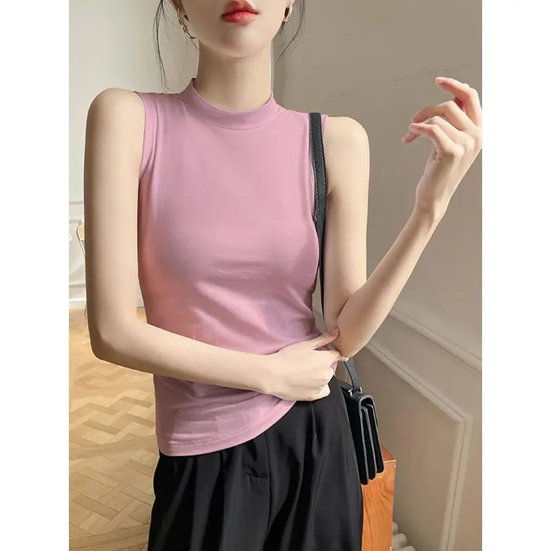 Áo Yếm Cổ Lọ Nửa, Dành Cho Nữ, Hàng Mới Về Mùa Thu 2024, Màu Trơn Áo Mặc Bên Ngoài, Ôm Vừa Vặn, Ngực Siêu Dáng Ôm, Có Thể Mặc Bên Trong, Áo Không Tay Top Women Cổ Tròn Tua Rua Umi Denim 0