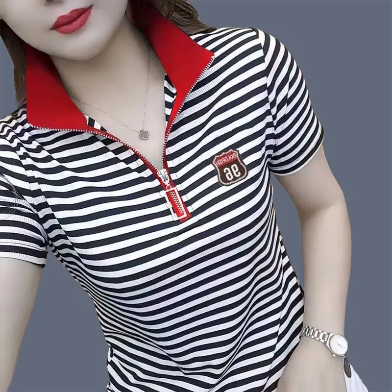 Áo Thun Nữ Mùa Hè, ngắn Tay, Sọc, Thời Trang, Áo Polo, Mặc Hàng Quốc Tế Thương, Giảm Giá