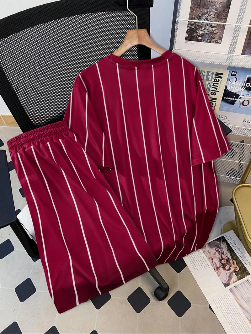 Product Introduction of Two-Piece Set Men's Letter Print Short Sleeve Crop Tee & Striped Print Shorts, Regular Fit Round Neck T-shirt & Track Shorts, Casual Summer Clothes Set for Outdoor 3