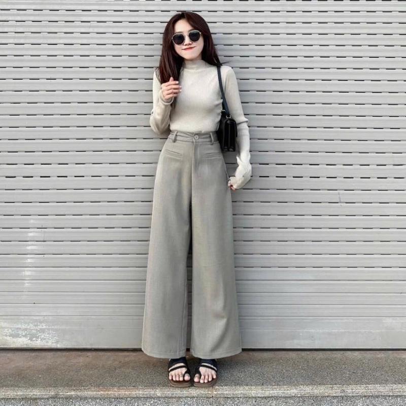 Quần Vải Suông Túi Ngang 2 Màu Đen Be Siêu Tôn Dáng, Quần Ống Rộng Công Sở Đi Làm Đi Học Nữ Pants