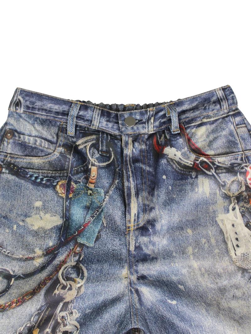 Product Introduction of Women's Denim-effect Print Button Fly  Straight Leg Pants, Casual Pocket Denim-effect Print Trousers for Daily Wear, Ladies Bottoms for All Seasons 5