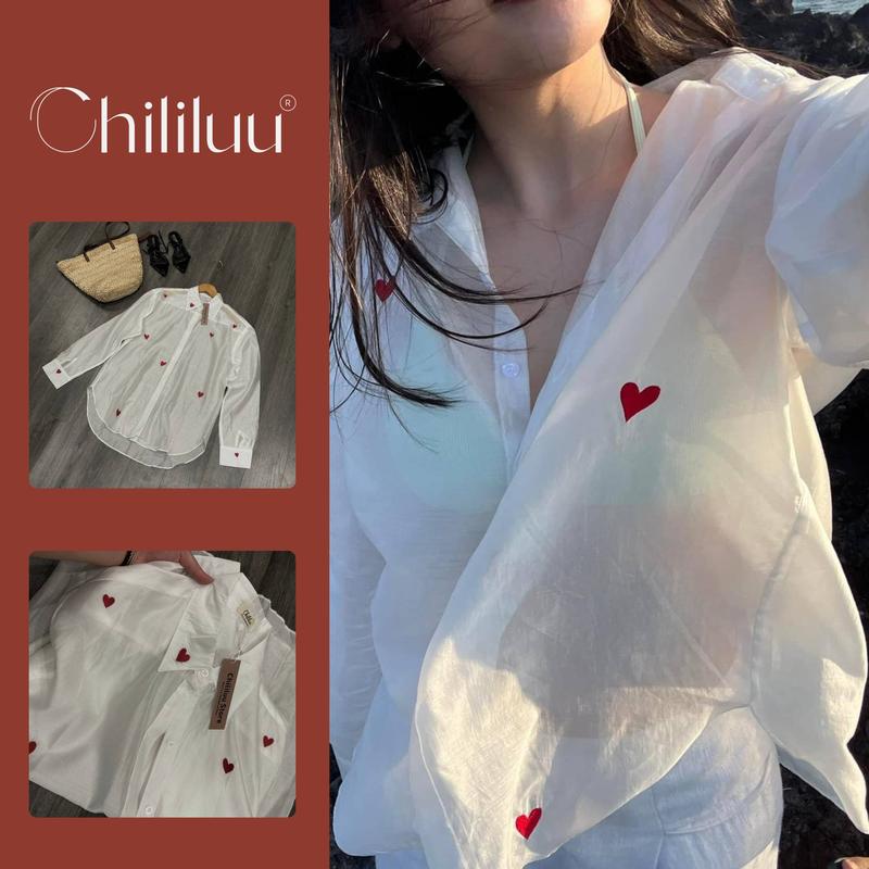 Áo sơ mi xuyên thấu Chililuu sơ mi nữ đi biển họa tiết trái tim đỏ phong cách cá tính sexy T13