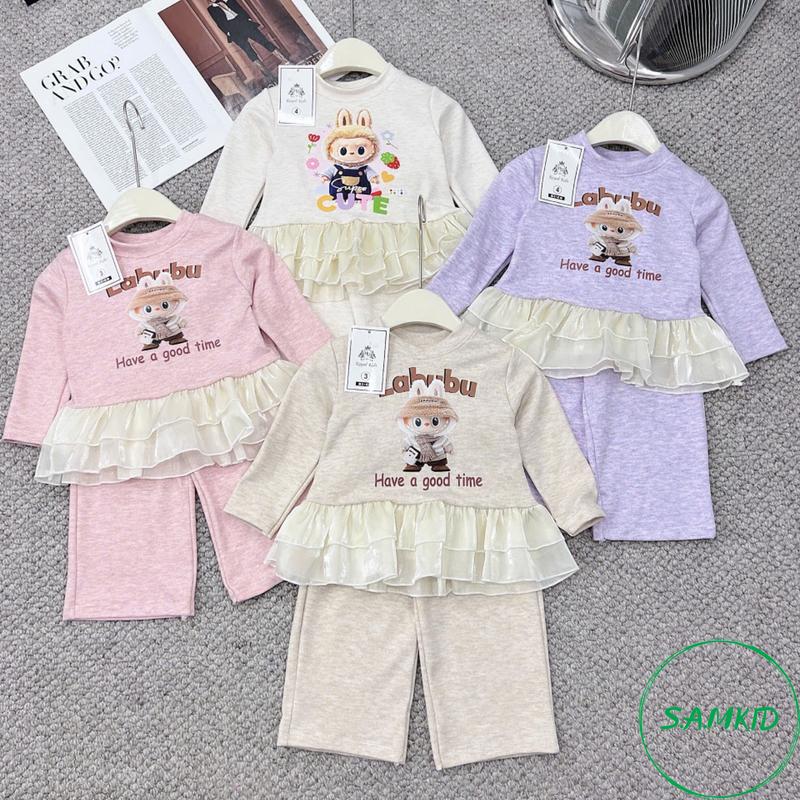 8-40kg Bộ Tăm bèo dài bé gái Sam kids Labubu, cotton mẻ mùa hè, quần áo trẻ em cao cấp Thun