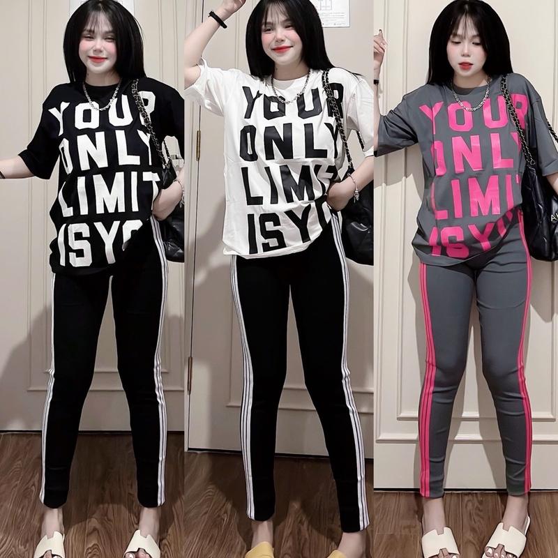 Set bộ áo thun cotton in chữ phối quần thun legging nữ mặc nhà đi chơi - Tuhaodobo Women Kem