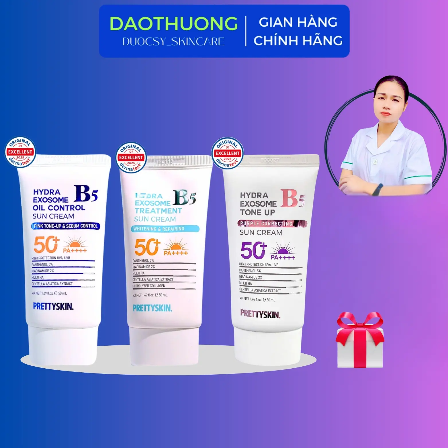 Prettyskin Kem Chống Nắng B5 các bản: Xanh đậm có nâng tông, Màu Tím hiệu chỉnh tông da có nâng tông và Xanh nhạt không nâng tone (tuýp 50ml) KCN Sun cream Bảo vệ da