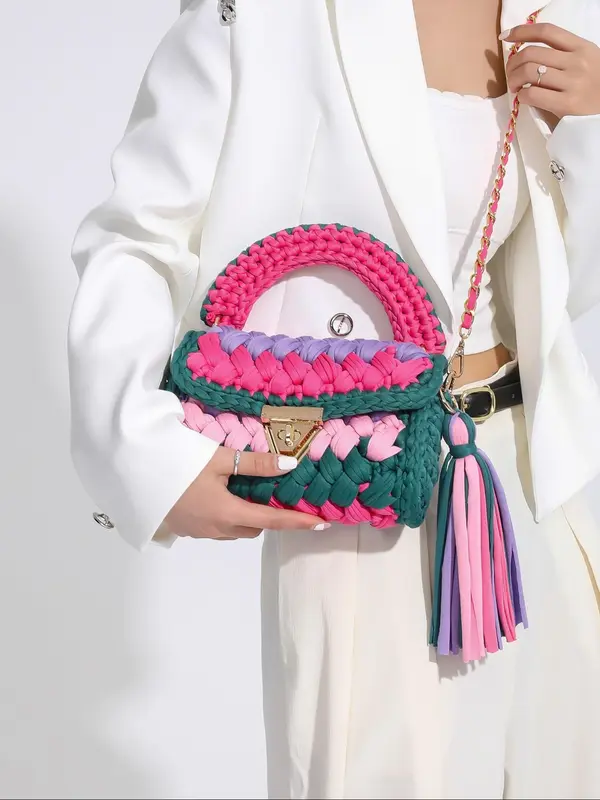 Women's Colorblock Braid Crochet Design Handbag, Fashionable Tassel Decorated Crossbody Bag for Daily Used, Casual Trendy Versatile High-quality Daily Commuting Bag 2