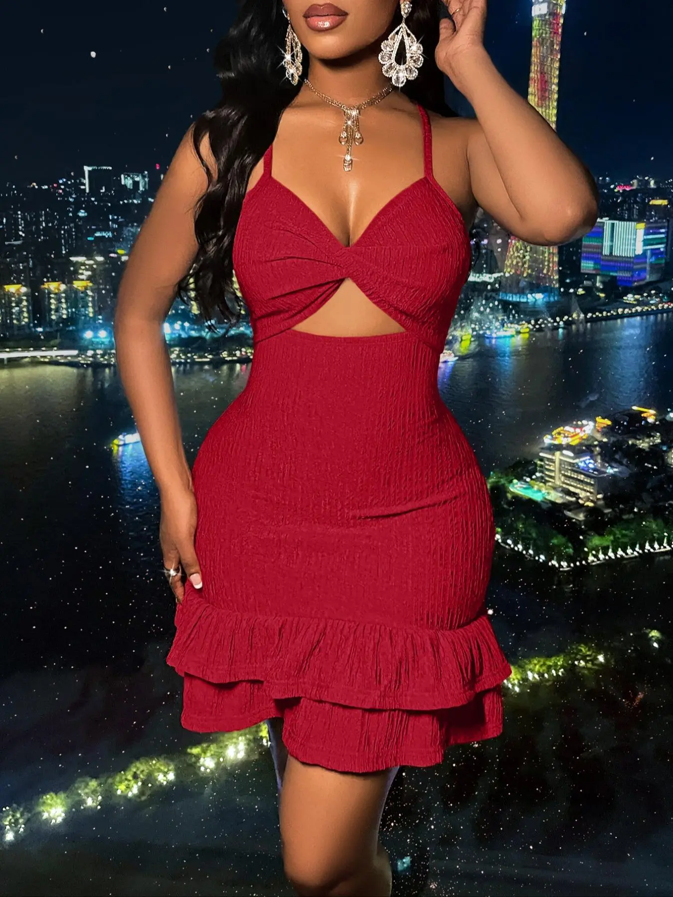 Aliling Women's Plain Twist Front Dress, Casual Cut Out Sleeveless Dress for Summer, Ladies Clothes for Beach Holiday