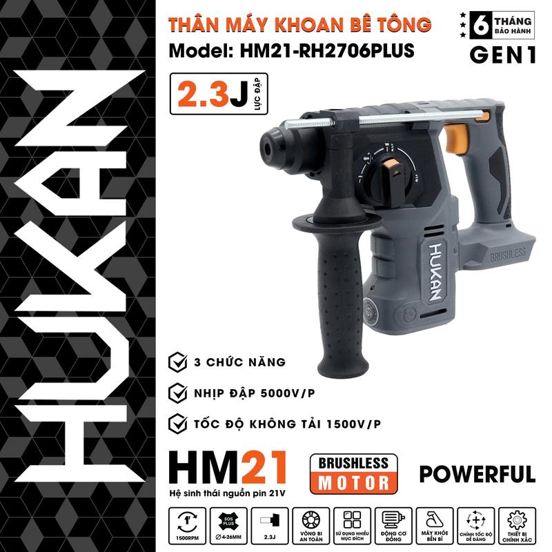 Thân Máy Khoan Bê Tông Pin HM21-RH2706PLUS Động Cơ Không Thổi Than 3 Chức Năng Hukan