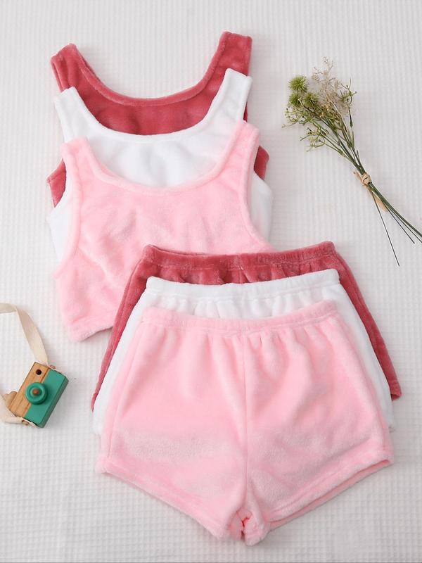 Women's Plain Flannel Pyjamas Set, Tank Top & Elastic Waist Shorts, Soft Comfortable Pajamas for Sleepwear Loungewear, Comfy Loungewear Set 2