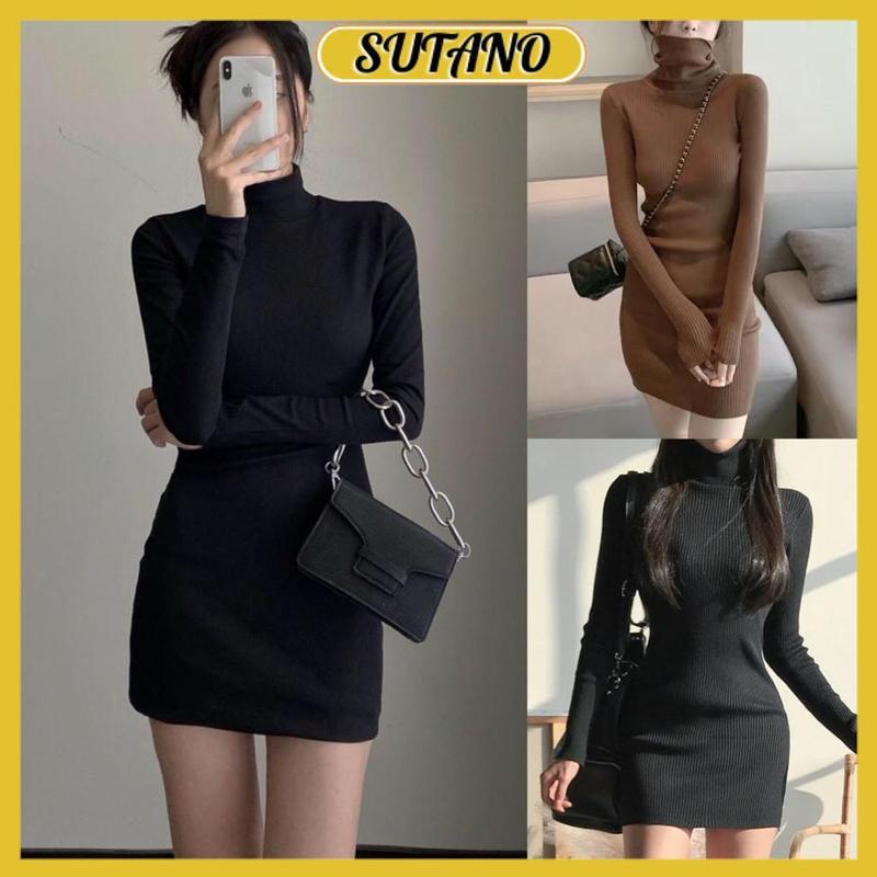 Đầm body cổ lọ nữ dài tay thun tăm co giãn,váy len nữ dáng ôm sexy cổ cao ấm áp V891 SUTANO
