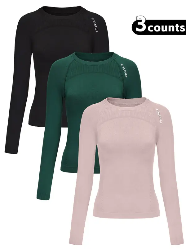 Women's Letter Print Baselayer Top, Long Sleeve Round Neck Compression Top for Yoga Gym Workout, Going Out Tops, Ladies Sportswear for Fall & Winter, Gym Wear, Workout Clothes Women, Athletic Style Activewear 2