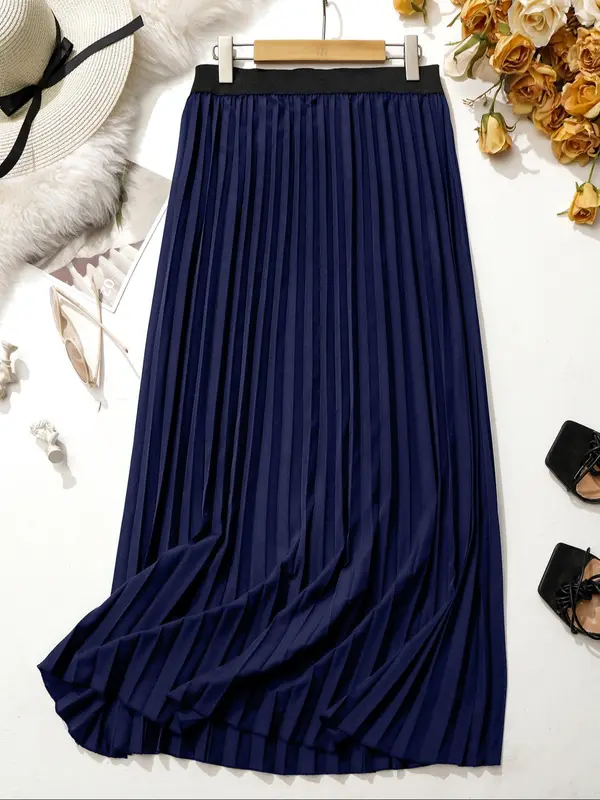 【Plus Size】 Solid Pleated Skirt, National Day Clothing, Elegant Fashion A-line Skirt for Daily Outdoor Wear, Women Plus Clothing for Summer 2