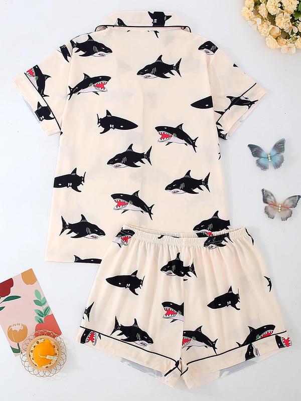 Women's All Over Print Crop Shirt & Shorts Pyjama Two-piece Set, Casual Comfy Short Sleeve Top & Shorts PJ Set, Ladies Sleepwear for All Seasons 5