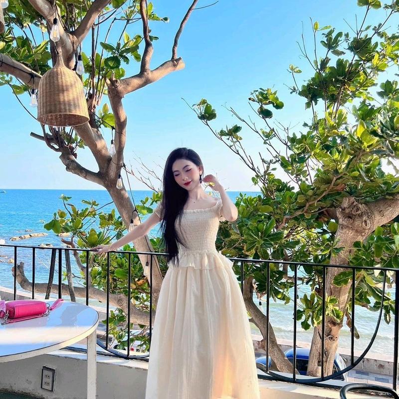Váy maxi dáng dài, maxi trễ vai tơ xốp bèo bụng 2 lớp chân váy dài 90 cm. Maxi đi biển đẹp. 3