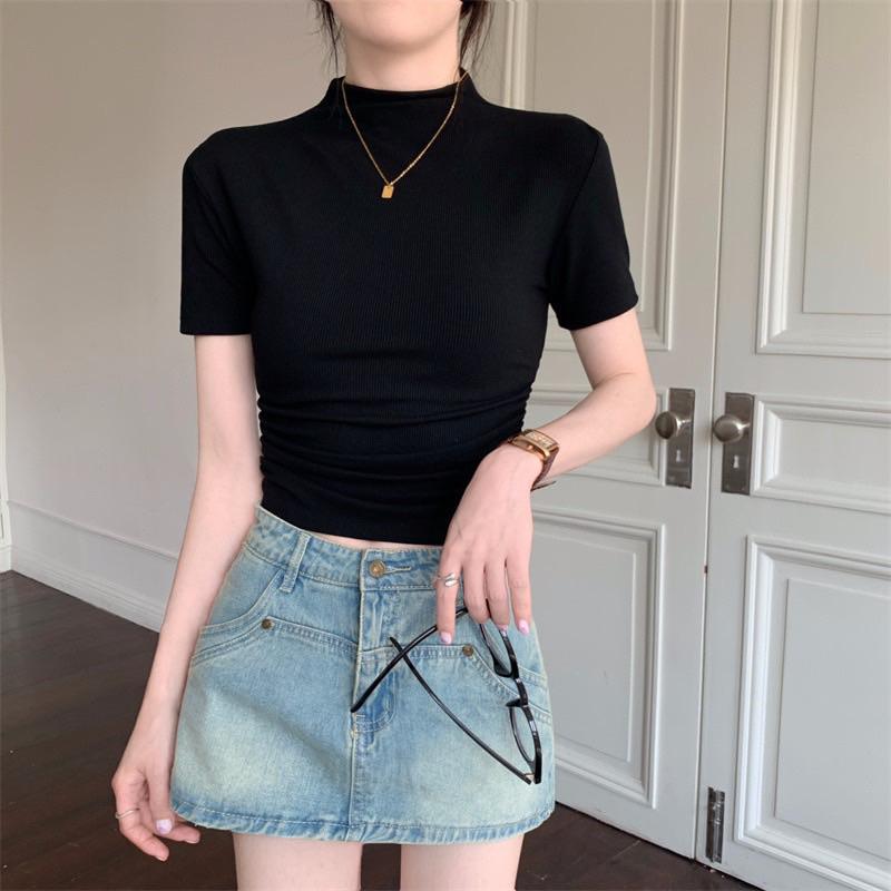 Áo thun Nữ croptop rút eo nữ, áo thun tăm mềm mịn Women Dáng Ngắn Cổ Tròn 2