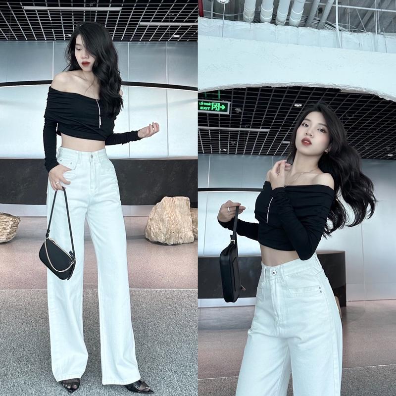 YURI JEANS - Quần Jean Nữ Ống Suông Màu Trắng Phối Viên Túi Nổi Women Ong