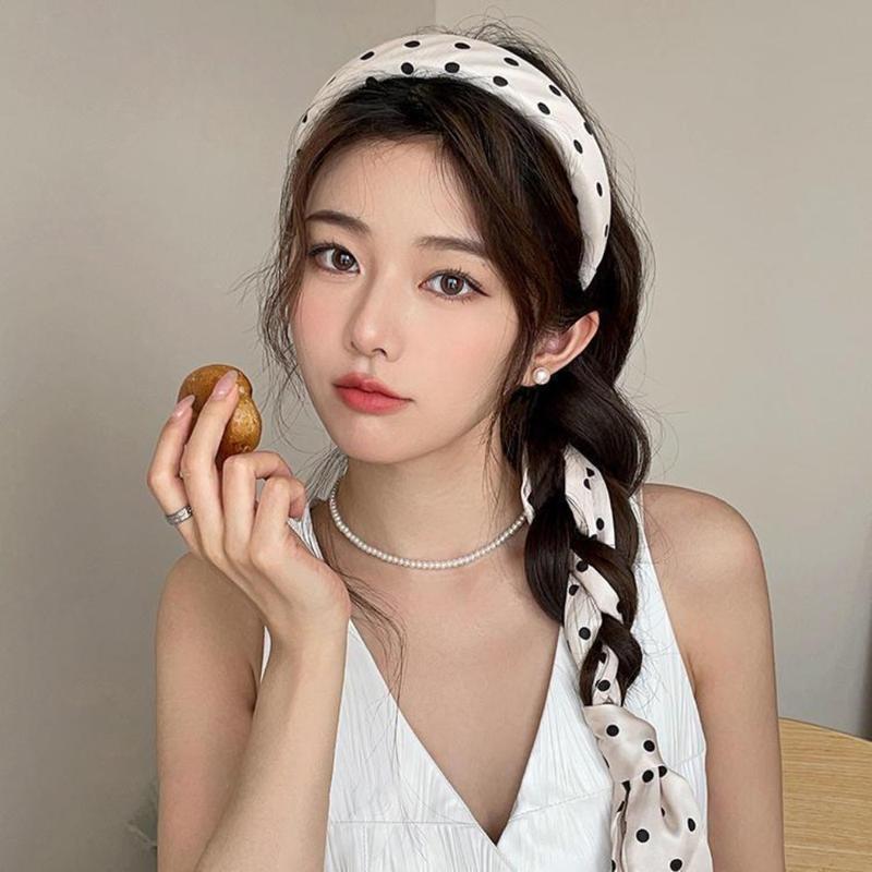 Product Introduction of Fashion 2024 New Women's Polka Dot Bow Ribbon Headband Face Washing Hair Pressing Headband High Skull Hair Tied Ribbon Headdress 26