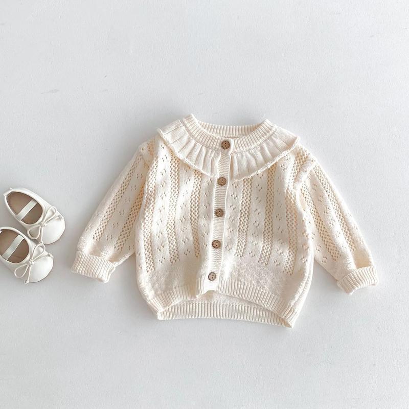 Product Introduction of Korean Baby Girl Autumn Hollow Out Sweater Cardigan Kids Fashion Cotton Ruffle Collar Knitted Jacket Spring Solid Outerwear Coat 19