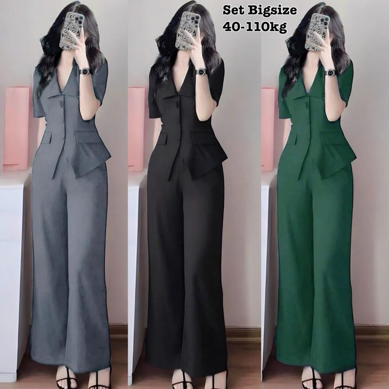 Thời Trang Bigsize - Set Bộ Dài Tay Ngắn Bigsize Cổ Vest Quần Ống Suông Lụa Chéo Thái Thiết Kế Dự Tiệc Nữ Cao Cấp Xinh Đẹp Sang Trọng  50-95kg  Top  Màu Nâu Sen Màu Đen Set Đồ Nữ đẹp Set Áo Croptop Bộ Suit Nữ Sang Chảnh Bigsize Women Xanh Rêu set  vest