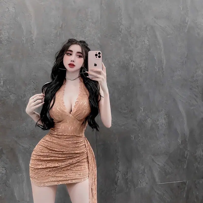 Váy thiết kế - Váy ren nhún tà cổ tim sườn lót da sang sịn 1298 Women Nữ Dress Voi Dress Voi Nhung Voan 7
