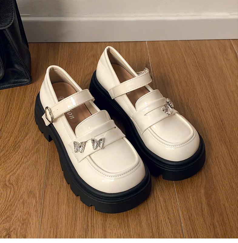 giày búp bê nữ chất da bóng đính hình 2 bướm quai trá tim đé cao 5cm thời trang cao cấp 7