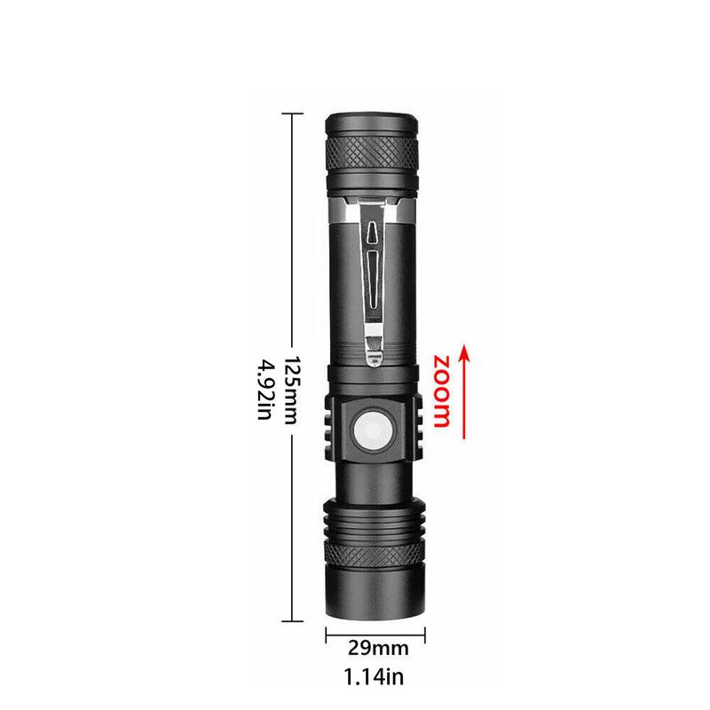 Product Introduction of Ultra Bright T6 LED Flashlight XP-L LED Lamp Beads Waterproof Torch Zoomable 4 Lighting Modes 18650 Battery USB Charging 57