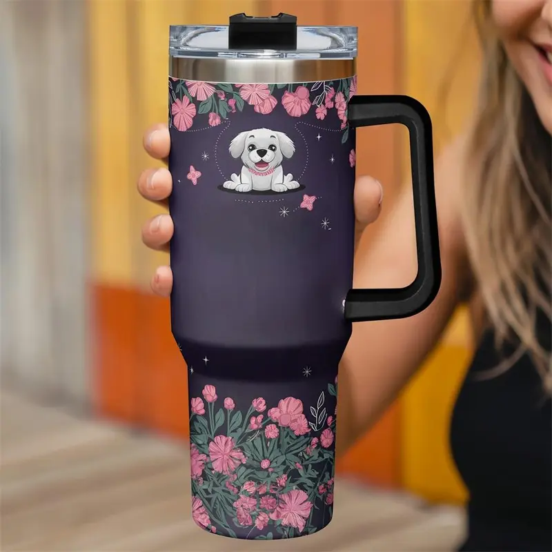 Dog Pattern Tumbler,   1 Count 40oz Stainless Steel Insulated and Durable Water Bottle with Lid, Birthday Gift for Friend 4