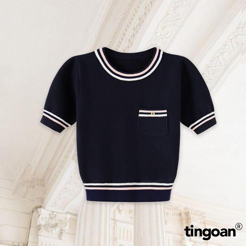TINGOAN - Áo len xù cổ tròn túi zúm nm dáng lửng fg có 2 line viền áo xanh đậm MIMI TOP/DEEP BLUE