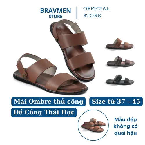 Dép da nam Công Thái Học, đế mài Ombre thủ công độc đáo, thiết kế quai hậu, 2 quai chính hãng BS02