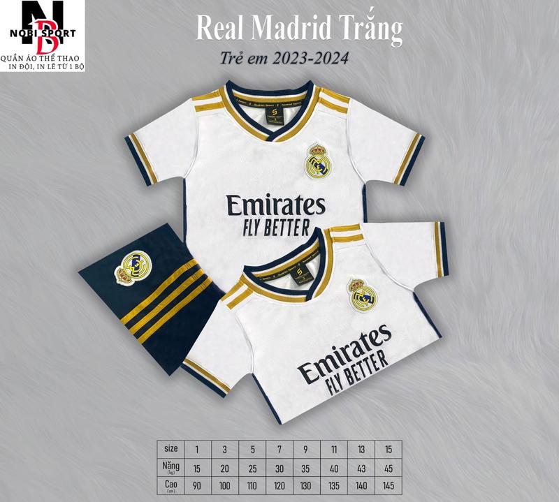 Bộ Đồ Thể Thao Trẻ Em REAL MADRID Trắng 2025 [Có in Tên Số Theo Yêu Cầu] . [Tặng Kèm MIỄN PHÍ VỚ Dệt Kim Cao Cấp] Sân Nhà - Vải Thun Lạnh SAO VIỆT - Áo Trắng/Quần Đen - NOBI SPORT - Áo Bóng Đá/Đồ Đá Banh - Nam Nữ Unisex -Thoáng Mát TRANG PHỤC TOP SPORT