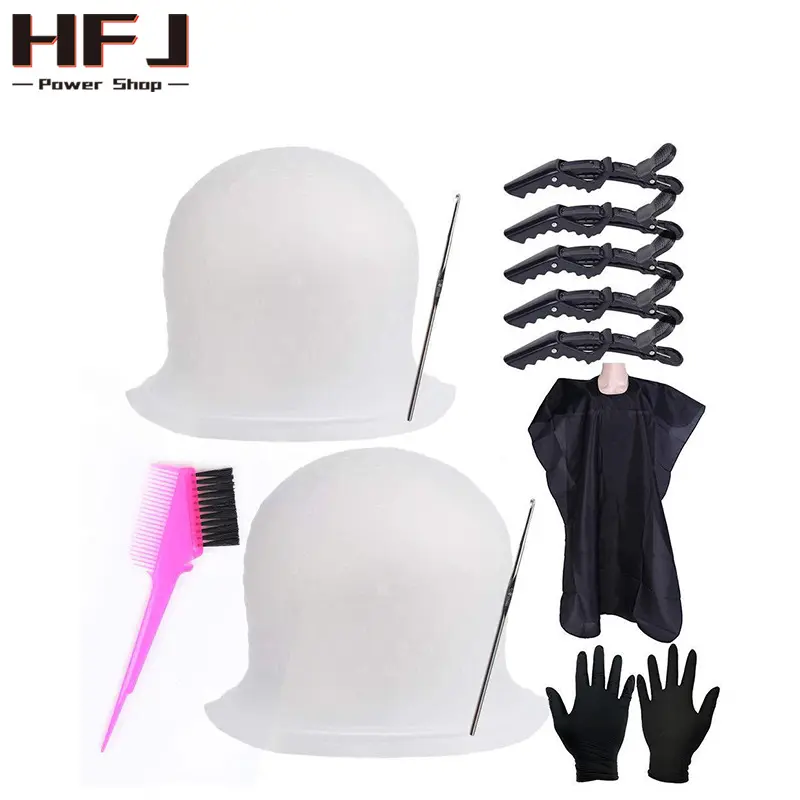 Hair Dyeing Tools Suit Silicone Highlight Cap Hair Coloring Brush Rubber Gloves Crocodile Clip Haircut Wai Cloth in Stock