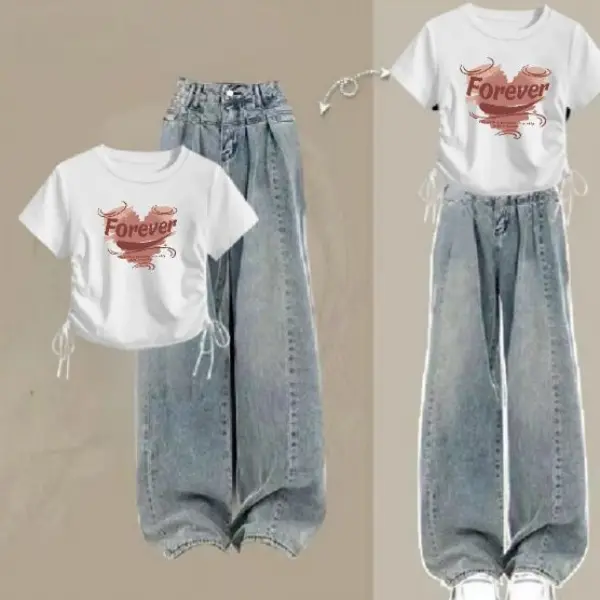 Bộ Đồ Phong Cách Hàn Quốc, Ngọt Ngào Và Ngầu, Dành Cho Nữ, Áo Phông ngắn Tay Dây Rút Thích Hợp Cho Mùa Hè 2024, Quần Jean Cổ Điển Ống Rộng Cạp Cao Bộ Đồ Hai Mảnh, Thời Trang Top Women