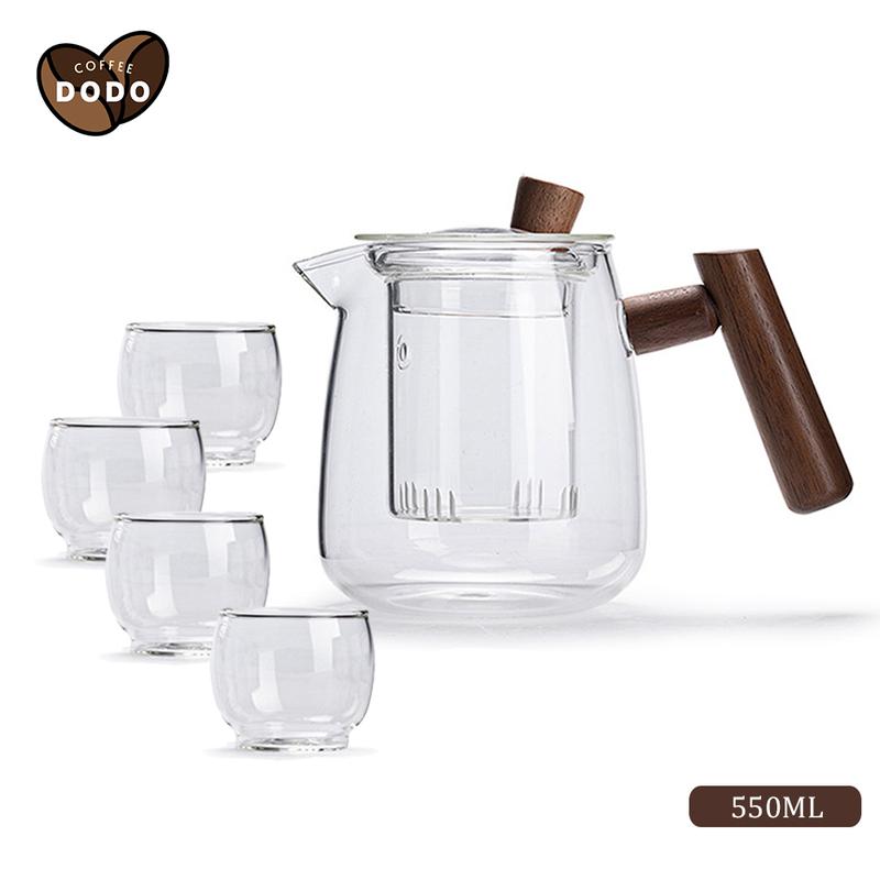 Bộ ấm trà thủy tinh chịu nhiệt 550ml Bộ ấm chén uống trà có lõi lọc và 4 ly thuỷ tinh Bộ bình pha trà quai gỗ