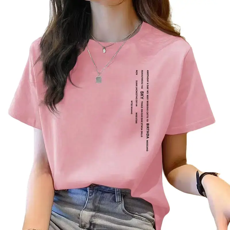 new year clothes purple t shirt woman short sleeve round neck loose tops women fashion printed t shirt for women Collar Tshirt Fabric Minimalist Pullover Rose Sleeved Style Womenswear Polyester Lingerie Lady