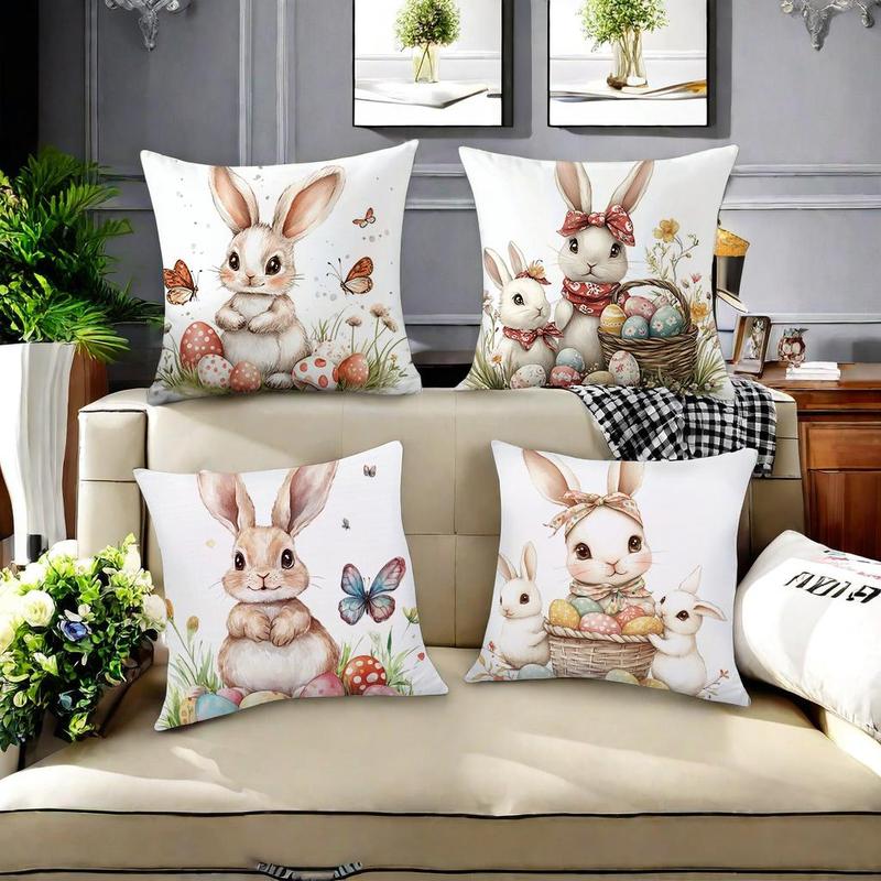 Easter Themed Cushion Cover, 4 Counts/set Rabbit & Egg Pattern Cushion Cover without Filler, Decorative Cushion Cover for Home Sofa Bed 5