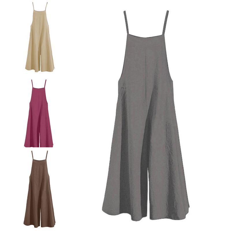 Women Jumpsuit Solid Color Wide Leg Summer Shoulder Strap Side Pockets Romper for Daily Wear 1