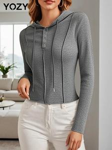 YOZY Women's Plain Drawstring Hoodie, Casual Long Sleeve Hooded Sweatshirt for Daily Wear, Ladies Clothes for All Seasons