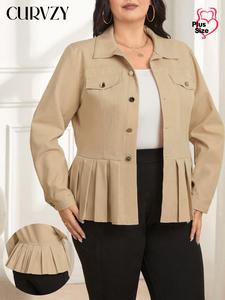 CURVZY Plus Size Solid Pleated Peplum Hem Button Front Coat, Casual Long Sleeve Pocket Collared Outerwear for Fall & Winter, Women's Clothes for Daily Wear