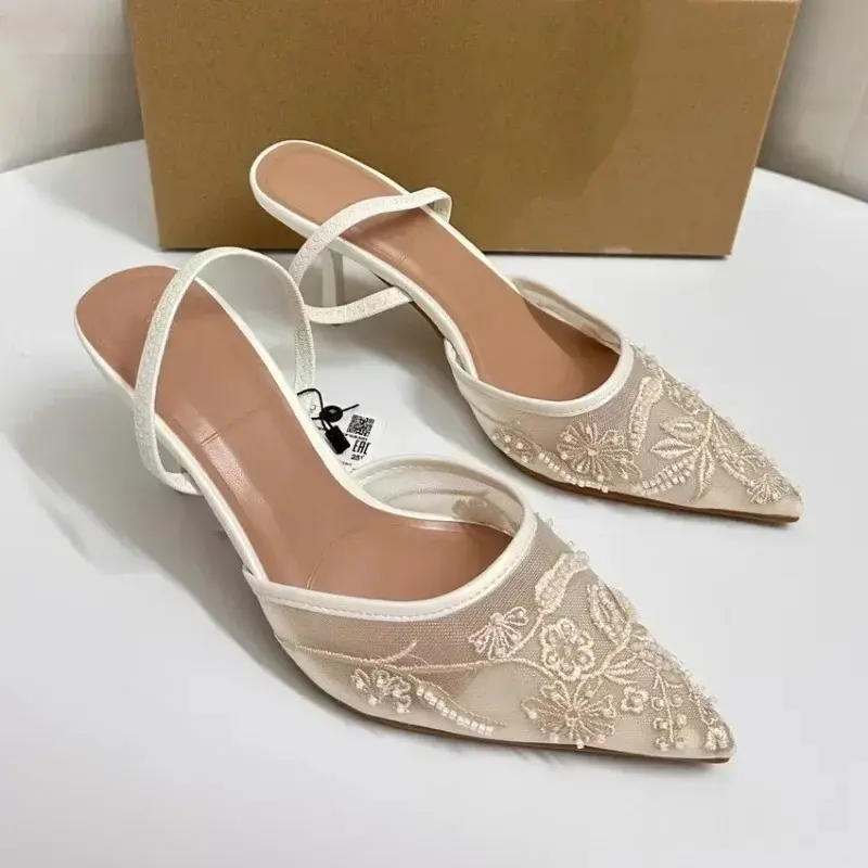 Brand Designer White Women Wedding Pumps Mesh Embroidered Flowers Back Strap Sexy Slingback High Heel Dress Shoes for Ladies