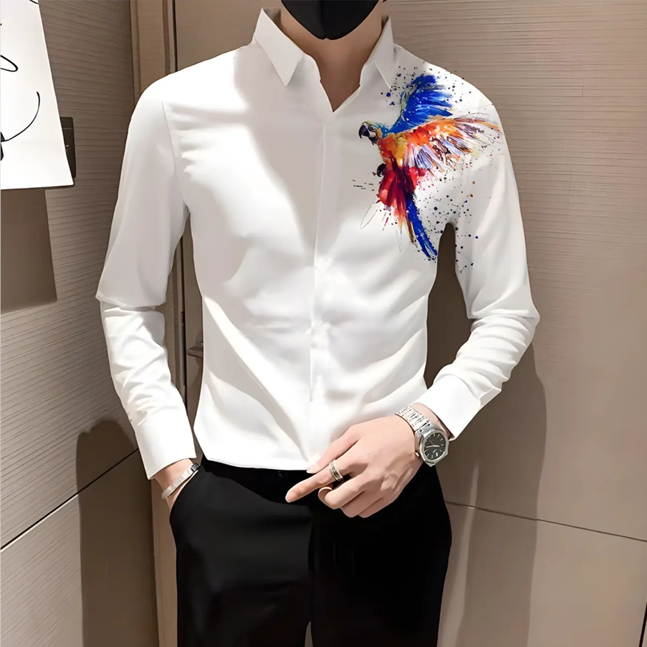 Áo sơ mi nam nữ dài tay unisex che khuy cúc áo sang trọng - in hình con vẹt Menswear Kate