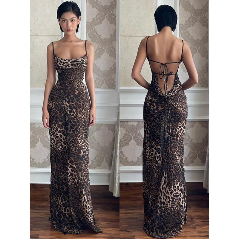 Váy Hở Lưng Họa Tiết Da Báo, Cổ Chữ V, Buộc Dây, Váy Dài Mùa Hè, Váy Treo Nữ, Váy Bodycon, Cô Gái Nóng Bỏng Cf2483sko Women Dress Kem Women Dress 0