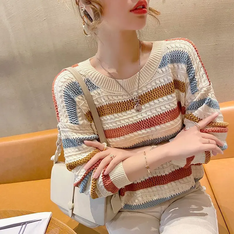 Spring New Hollow Color Striped Sweater Women's Loose Short Bat Sleeve Shirt Top Thin Blouse Spring Knitwear Womenswear