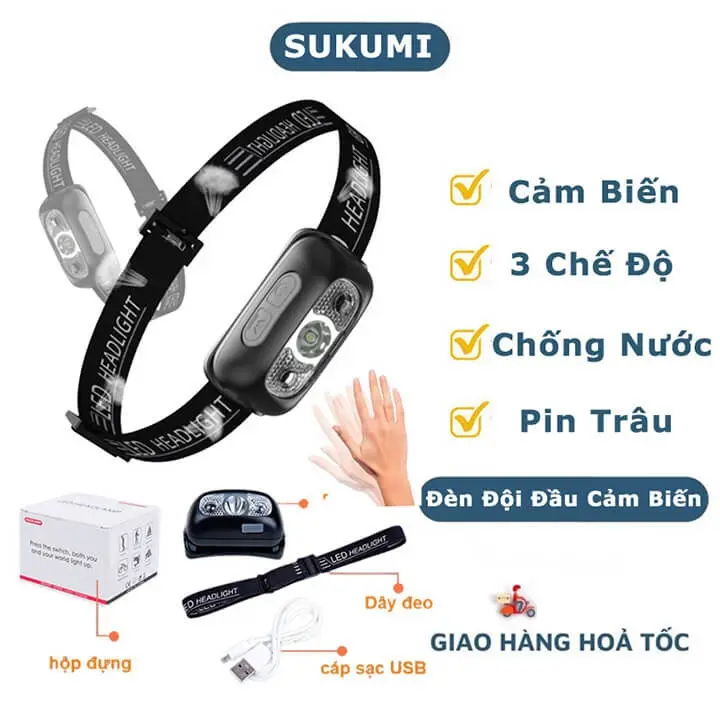 Đèn pin đội đầu siêu sáng 1 bóng cảm biến bằng tay, chống thấm nước IPX6, pin trâu, đèn đeo trán cảm ứng