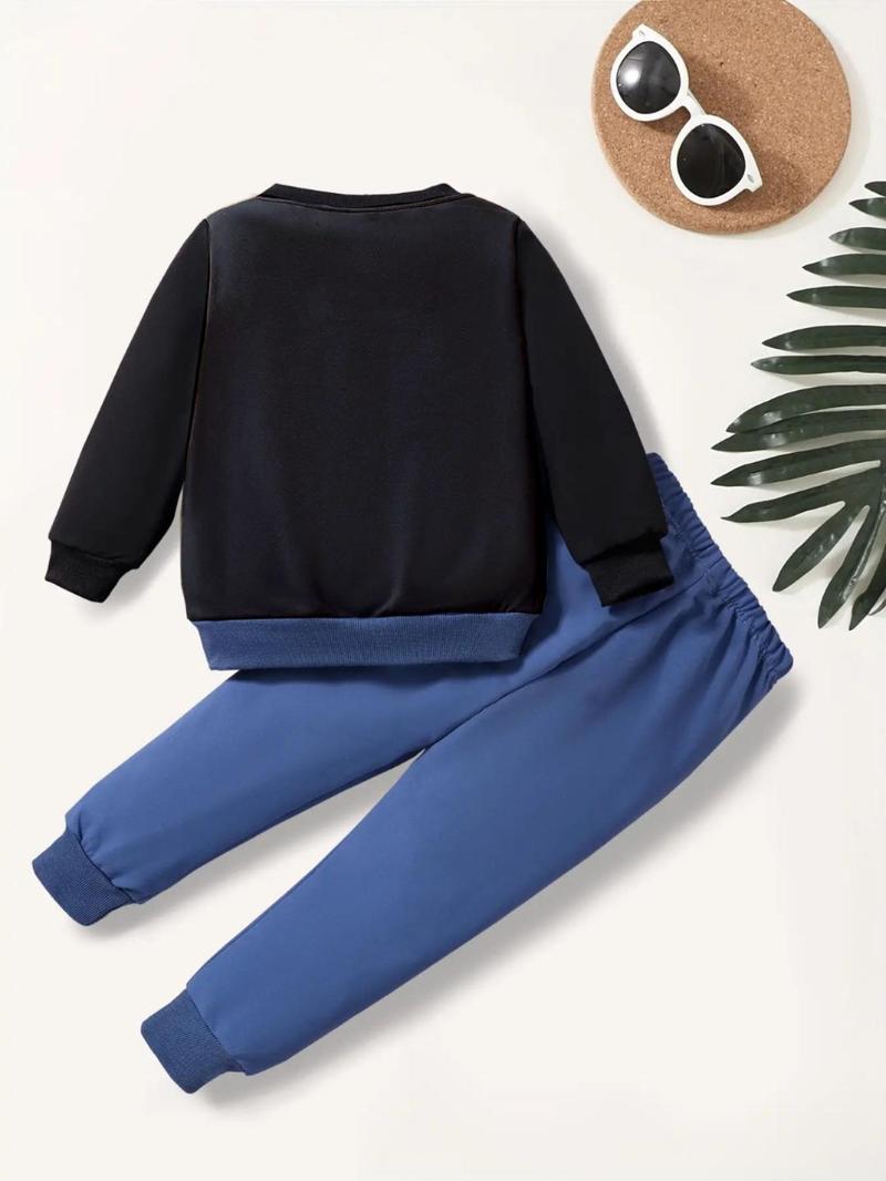 Product Introduction of Toddler Boy's Colorblock Pants Set, Casual Long Sleeve Sweatshirt & Letter Print Pants for Kids, Kids Outfits for Fall & Winter Daily Wear Outdoor 2