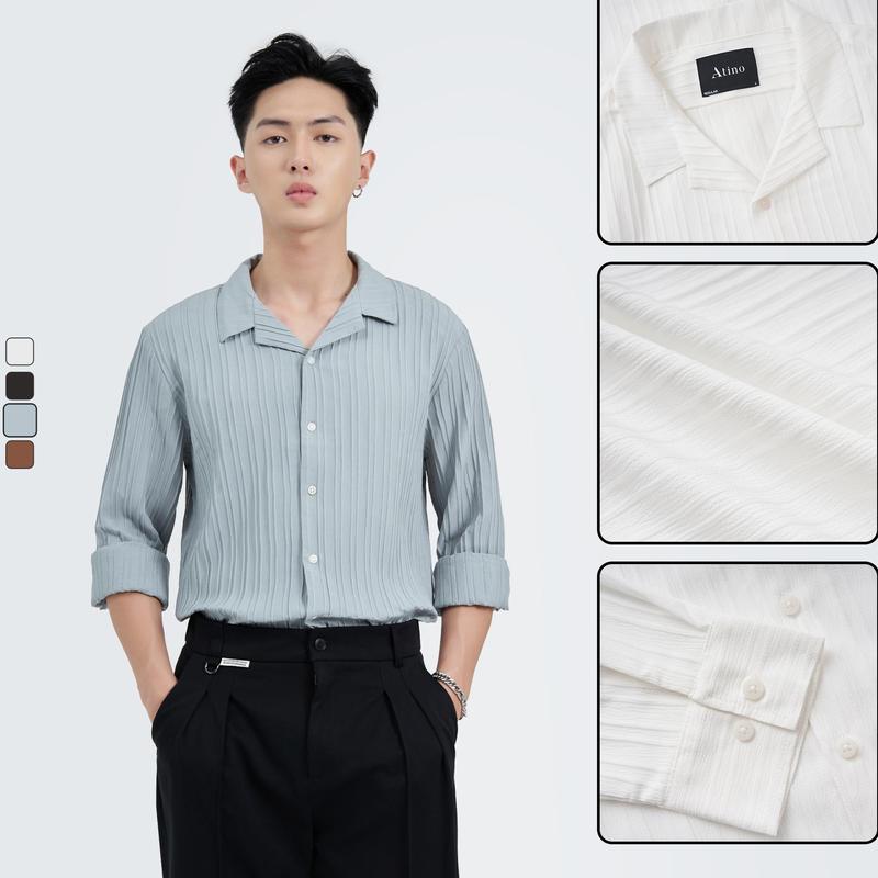 Áo Sơ Mi Nam Dài Tay Sọc Gân Cổ Vest ATINO L.4.4026 Menswear Cổ Tròn Đen Bi Ghi