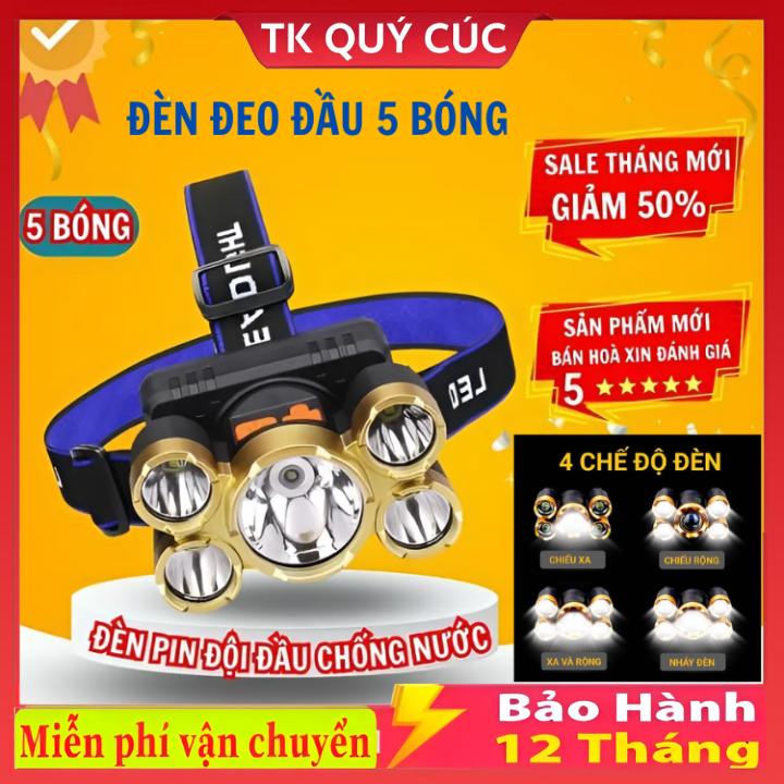  Đèn Pin Đeo Đầu  Có 5 Bóng Pin Sạc Nhanh Thiết Kế Chống Nước IPX4 Bóng Led 10000 Giờ Tiện Lợi 