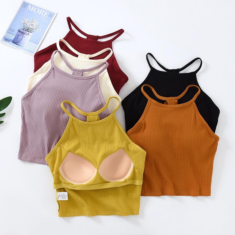Product Introduction of Korean Version Slim-Fit Solid Color Top No Steel Ring With Chest Pad Short Sleeveless Tube Camisole Women 0