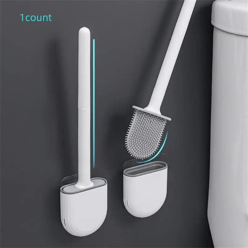 Product Introduction of Silicone Toilet Brush with Holder, 1 Count Wall Mounted Punch Free Toilet Brush with Handle, Bathroom Cleaning Tool, Bathroom Supplies 0