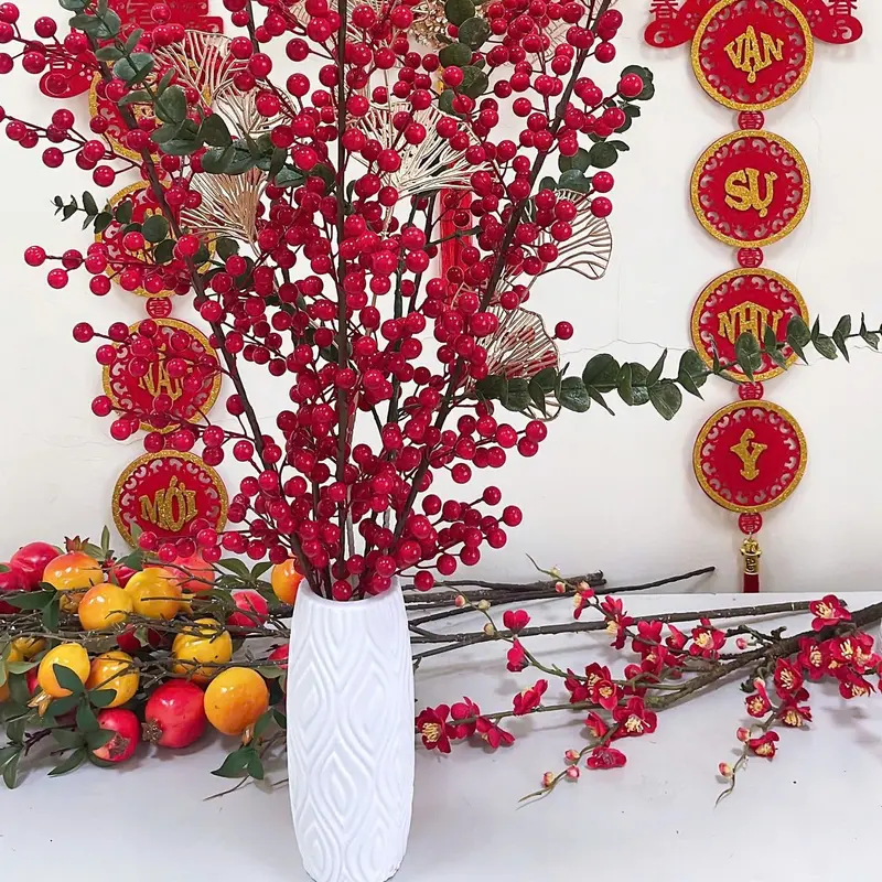 [Tặng bình] Cành đào đông đỏ 12 nhánh 90cm Decor phòng, Trang trí  + bình nhựa giả gốm kích thước 23 x 10cm - Trang Trí Nhà, Phòng Khách Len 2