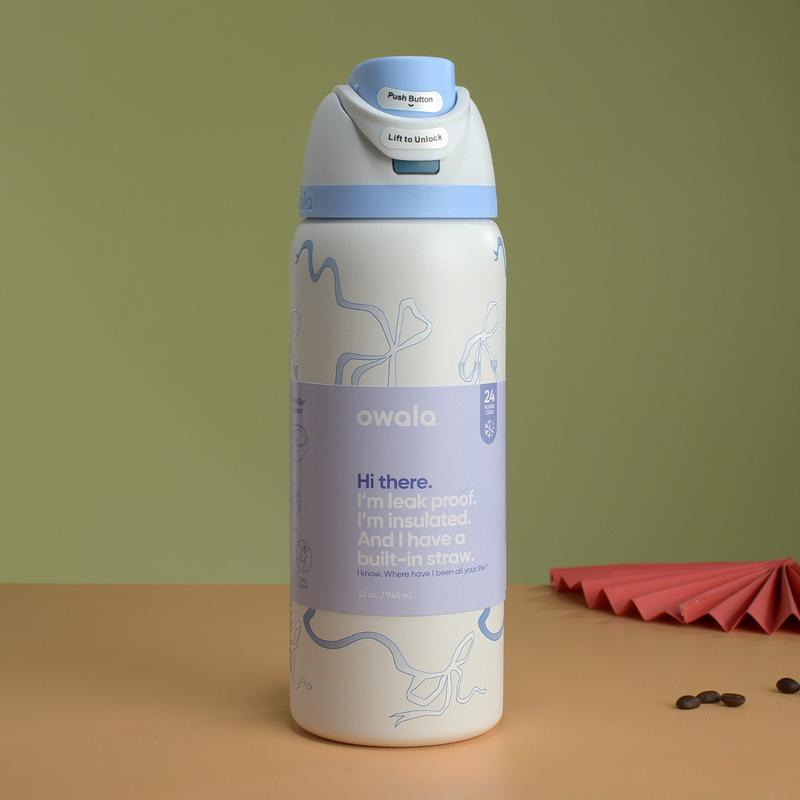 Product Introduction of Limited edition Owala FreeSip Insulated Stainless Steel Water Bottle 32 Oz Leakproof  Lid for Gym Sports Travel Dreamy Field Blue/Pink Bows, Girlhood, Dear Diary, Luck, Sukura, Valentine Pink 4